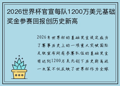 2026世界杯官宣每队1200万美元基础奖金参赛回报创历史新高